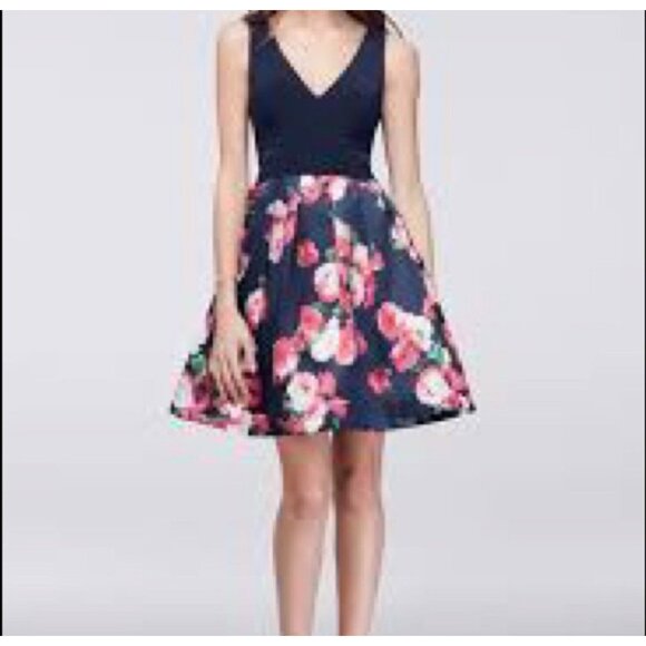 XScape A Line Dress 16W Navy Blue Floral Stretch Career Church Wedding Party - Picture 9 of 9